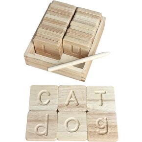 Preschool Learning Letter Tracing | Montessori Wooden Alphabet Tracing | ABC Flash Cards | Double Sided Uppercase and Lowercase | Includes Storage Box and Stylus Pen | Set of 26 Pieces