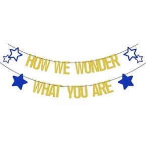 How We Wonder What You Are Banner, Welcome Baby Decorations, Star Baby Shower Gender Reveal Party Decors, Boy or Girl He or She First Birthday Party Supplies Gold Blue Glitter