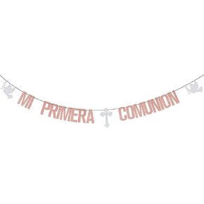 Mi Primera Comunión Banner, Baby Baptism Decorations, First Holy Communion/God Bless This Child, Baptism Christening Theme Mi Bautizo Religious Baby Shower Party Supplies Rose Gold & Silver Glitter