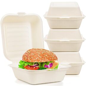Peohud 100 Pack Compostable Clamshell Take Out Food Containers, 6 x 6 Inches Disposable To-Go Food Containers, Eco Friendly Bagasse Bento Cake Box for Hamburger Sandwiches Chips