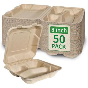 Aricsen Compostable 50 Pack 6x6 Inch Disposable Small Lunch Box Takeout Containers with Lid To Go Take Out Clamshell for Food, Eco-Friendly Biodegradable Bagasse Fibers, PFAS-Free, Unbleached Brown