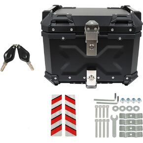 labwork 45L Motorcycle Top Case Tail Box with Backrest and Mounting Plate Hard Aluminum Alloy Watertightness Security Lock Against Theft Black Metal Motorcycle Trunk Tour Tail Box