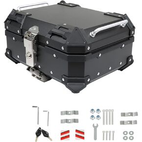 labwork 45L Motorcycle Top Case Tail Box with Backrest and Mounting Plate Hard Aluminum Alloy Watertightness Security Lock Against Theft Black Metal Motorcycle Trunk Tour Tail Box