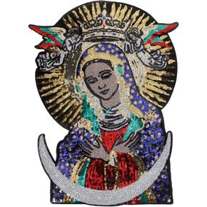 Large Sequins Blessed Virgin Mary Goddess Embroidery Patches for Clothing DIY Stripes Applique Motorcycle Jacket sew on Badge