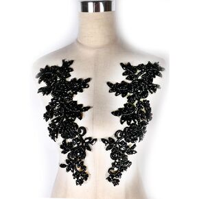 Beaded Rose Flowers&Leaves Rhinestone Pair Applique in Black for Prom Dress Belt Arts Crafts Sewing decorat(PH23011BL)