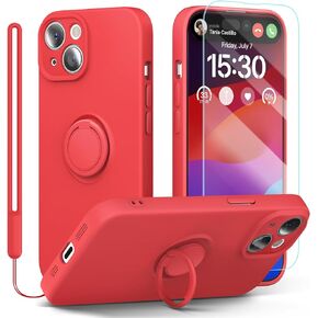 pcgaga Silicone Phone Case for iPhone 15 with Screen Protector [Ring Holder Stand] [Wrist Strap] [Microfiber Lining] Slim Shockproof Protective Cover, 6.1 Inch (Blue)