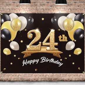 Happy 24th Birthday Banner Backdrop - 24 Birthday Party Decorations Supplies for Men Him - Black Gold 4 x 6ft