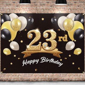 Happy 23rd Birthday Banner Backdrop - 23 Birthday Party Decorations Supplies for Men Him - Black Gold 4 x 6ft