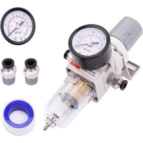 RIH 3/8"NPT Air Filter Pressure Regulator Combo Piggyback, 5 Micron Brass Element, Poly Bowl, Semi-Auto Drain, Metal Bracket, 0-150 psi Gauge Air Tool Compressor Filter with Gauge (3/8"NPT)