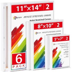 Simetufy 6 Pack Stretched Canvas for Painting 3 Sizes 5x7, 8x10, 11x14 Canvas Set Artist Framed Canvas Board, 100% Cotton Blank Canvases Oil Acrylic Watercolor Paint for Kids & Artists
