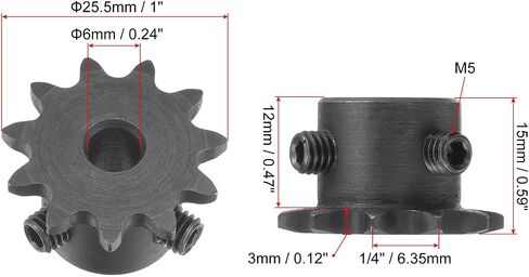 uxcell #25 Chain Roller Sprocket, 6mm Bore 1/4" Pitch 11 Tooth Single Strand Chain Sprocket, C45 Carbon Steel 25 Roller Chain Sprocket with Set Screws for ISO 04C Chain, 2Pcs in Kuwait