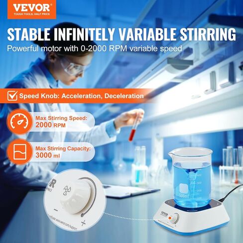 VEVOR Magnetic Stirrer, 0-2000 RPM Stir Plate with Adjustable Speed Knob, 3000mL Plate Stirrer Kit, Stir Bar Included in Saudi Arabia