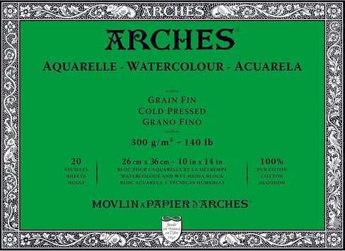 Arches Watercolor Block 10x14-inch Natural White 100% Cotton Paper - 20 Sheets of Arches Watercolor Paper 140 lb Cold Press - Arches Art Paper for Watercolor Gouache Ink Acrylic and More in Saudi Arabia