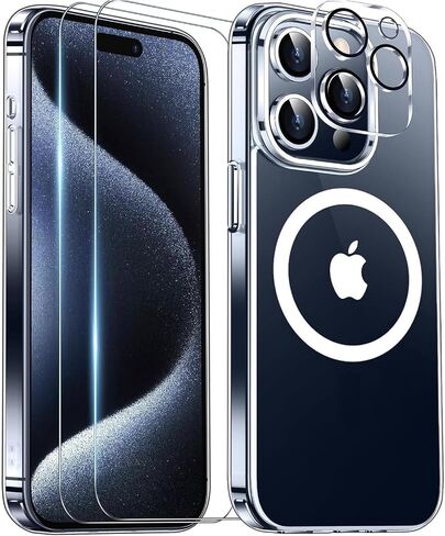 حافظة 5 في 1 لهاتف iPhone 15 Pro شفافة، غير صفراء، 2 شاشة و2 واقي عدسة الكاميرا، حماية من السقوط من الدرجة العسكرية بطول 15 قدمًا، حافظة رفيعة مقاومة للصدمات، حلقة مغناطيسية للشحن الآمن in Saudi Arabia