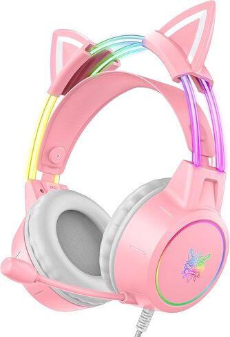 Lightweight Gaming Headsets with Removable Cat Ears,Gradient RGB Light, Wired Over- Ear Headphones for PC/PS4/PS5/XBOX/Switch, Virtual Surround Sound & Noise Cancelling Mic, Auto-Adjust Headband, Pink in Saudi Arabia
