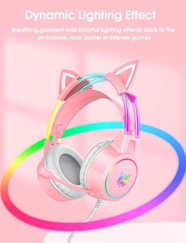 Lightweight Gaming Headsets with Removable Cat Ears,Gradient RGB Light, Wired Over- Ear Headphones for PC/PS4/PS5/XBOX/Switch, Virtual Surround Sound & Noise Cancelling Mic, Auto-Adjust Headband, Pink in Saudi Arabia