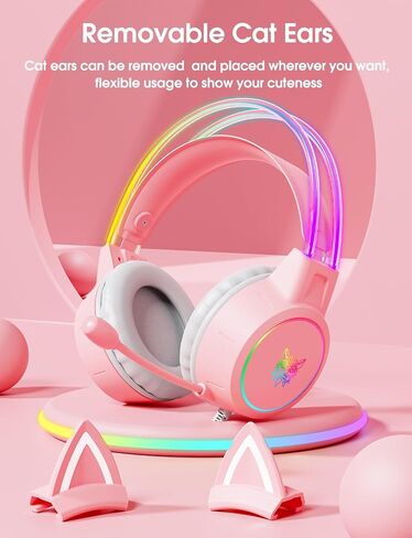 Lightweight Gaming Headsets with Removable Cat Ears,Gradient RGB Light, Wired Over- Ear Headphones for PC/PS4/PS5/XBOX/Switch, Virtual Surround Sound & Noise Cancelling Mic, Auto-Adjust Headband, Pink in Saudi Arabia