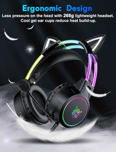 Lightweight Gaming Headsets with Removable Cat Ears,Gradient RGB Light, Wired Over- Ear Headphones for PC/PS4/PS5/XBOX/Switch, Virtual Surround Sound & Noise Cancelling Mic, Auto-Adjust Headband, Pink in Saudi Arabia