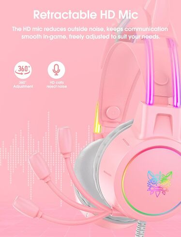 Lightweight Gaming Headsets with Removable Cat Ears,Gradient RGB Light, Wired Over- Ear Headphones for PC/PS4/PS5/XBOX/Switch, Virtual Surround Sound & Noise Cancelling Mic, Auto-Adjust Headband, Pink in Saudi Arabia