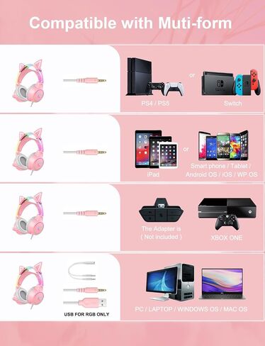 Lightweight Gaming Headsets with Removable Cat Ears,Gradient RGB Light, Wired Over- Ear Headphones for PC/PS4/PS5/XBOX/Switch, Virtual Surround Sound & Noise Cancelling Mic, Auto-Adjust Headband, Pink in Saudi Arabia