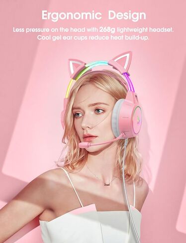 Lightweight Gaming Headsets with Removable Cat Ears,Gradient RGB Light, Wired Over- Ear Headphones for PC/PS4/PS5/XBOX/Switch, Virtual Surround Sound & Noise Cancelling Mic, Auto-Adjust Headband, Pink in Saudi Arabia