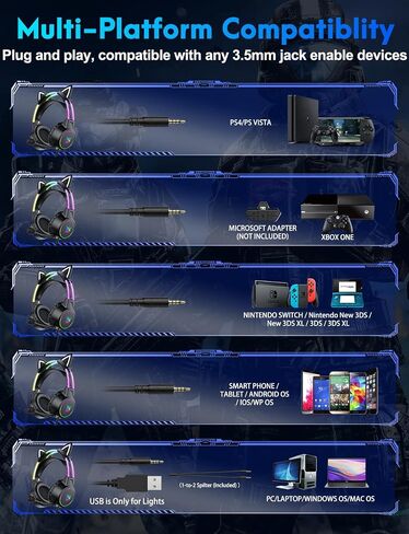 Lightweight Gaming Headsets with Removable Cat Ears,Gradient RGB Light, Wired Over- Ear Headphones for PC/PS4/PS5/XBOX/Switch, Virtual Surround Sound & Noise Cancelling Mic, Auto-Adjust Headband, Pink in Saudi Arabia