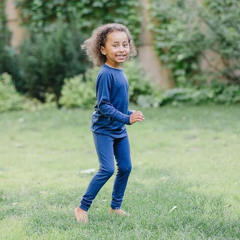 طبقة أساسية من صوف ميرينو Woolino للأطفال - قميص وسروال داخلي حراري بأكمام طويلة فائق النعومة للأطفال - قميص وجزء سفلي من طبقة أساسية طبيعية بالكامل - أزرق غامق in Kuwait