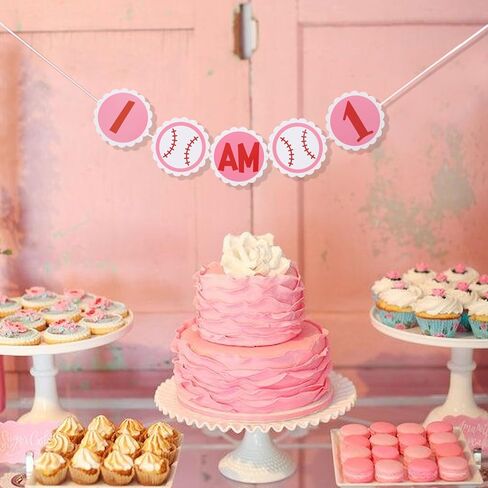 I AM 1 Highchair Banner - Girls Baseball Themed Sports Banner,First Birthday Party Decorations in Red White & Pink,League of Their Own in Kuwait