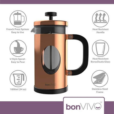 bonVIVO GAZETARO I Large French Press Coffee Maker - Glass French Coffee Press Machine Made of Heat Resistant Stainless Steel and Borosilicate Glass in Copper Finish, With Filter, 34 ounces… in Saudi Arabia