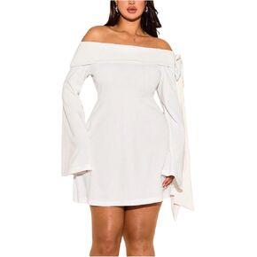 WDIRARA Women's Plus Size Off Shoulder Bowknot Color Block Long Bell Sleeve Bodycon Mini Dress in Kuwait