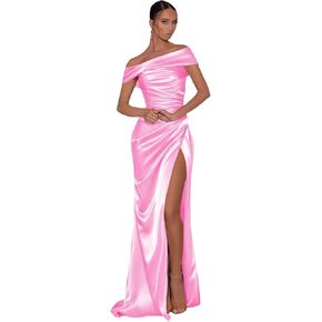 Mermaid Satin Bridesmaid Dresses Off The Shoulder Pleated Formal Evening Prom Gown Long with Slit MA40 in Saudi Arabia
