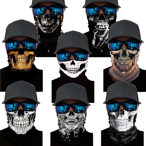M-YOUNG 8 Pack Neck Gaiter Skull Motorcycle Face Mask for Men Women Face Cover Mask Head Wrap Balaclava Headwear in Kuwait