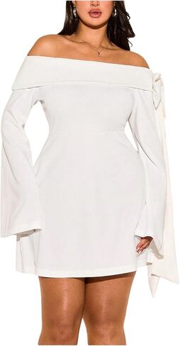 Wdirara Women's Plus Size قبالة الكتف Bowknot Block Long Bell Sleeve Bodycon Mini Dress in Saudi Arabia
