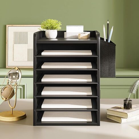 HOOBRO Adjustable Countertop Mail Sorter, 6 Tier Wooden Paper Organizer, Vertical Literature Organizer with Side Storage, Office Mailbox Cubbies, Classroom Mailbox, for Home, Office, White WT34WF01 in Saudi Arabia