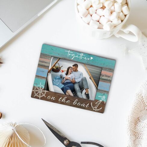 Together on the Boat 4x6 Picture Frame, Boat Lovers Captain Owner Gifts Wooden Picture Frame, Boating Gifts for Women Men, Nautical Anchor Rudder Decorative Photo Frames for Table Desk Decor in Saudi Arabia