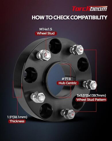 Torchbeam 5x5.5 Hub Centric Wheel Spacers 1.5 inch with M14x1.5 Thread Pitch, 77.8mm Hub Bore, 4pcs Adapters for 1500, 1500 Classic in Saudi Arabia
