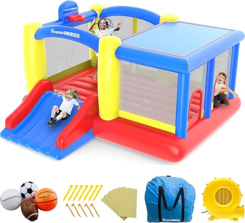 [نسخة ترقية] Picassotiles KC102 12x10 قدم قابلة للنفخ القفز المنزلي المنزلي ، قفزة شريحة ، Dunk Playhouse مع حافة كرة السلة ، 4 كرات رياضية ، دخول كامل الحجم ، 580W ETL معتمد in Kuwait