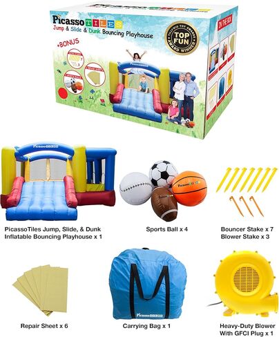 [نسخة ترقية] Picassotiles KC102 12x10 قدم قابلة للنفخ القفز المنزلي المنزلي ، قفزة شريحة ، Dunk Playhouse مع حافة كرة السلة ، 4 كرات رياضية ، دخول كامل الحجم ، 580W ETL معتمد in Kuwait