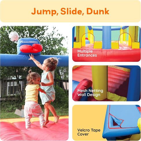 [نسخة ترقية] Picassotiles KC102 12x10 قدم قابلة للنفخ القفز المنزلي المنزلي ، قفزة شريحة ، Dunk Playhouse مع حافة كرة السلة ، 4 كرات رياضية ، دخول كامل الحجم ، 580W ETL معتمد in Kuwait