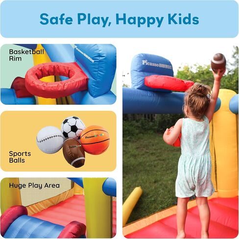 [نسخة ترقية] Picassotiles KC102 12x10 قدم قابلة للنفخ القفز المنزلي المنزلي ، قفزة شريحة ، Dunk Playhouse مع حافة كرة السلة ، 4 كرات رياضية ، دخول كامل الحجم ، 580W ETL معتمد in Kuwait