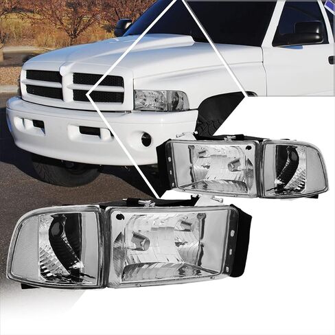 PM PERFORMOTOR 4Pcs Headlights Assembly+Corner Lamps Compatible with 94-02 Dodge Ram 1500 2500 3500,Chrome Housing Clear Corner in Kuwait