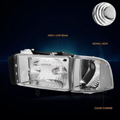 PM PERFORMOTOR 4Pcs Headlights Assembly+Corner Lamps Compatible with 94-02 Dodge Ram 1500 2500 3500,Chrome Housing Clear Corner in Kuwait