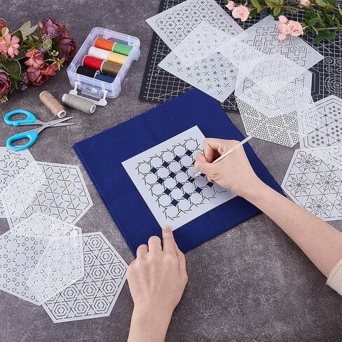 FREEBLOSS 12Pcs 5.5/5.9inch PET Sashiko Stencils Flowers Line Template for Hand Quilting Sashiko Patterns Templates Embroidery Stencils for Hand Sewing Lovers in Saudi Arabia