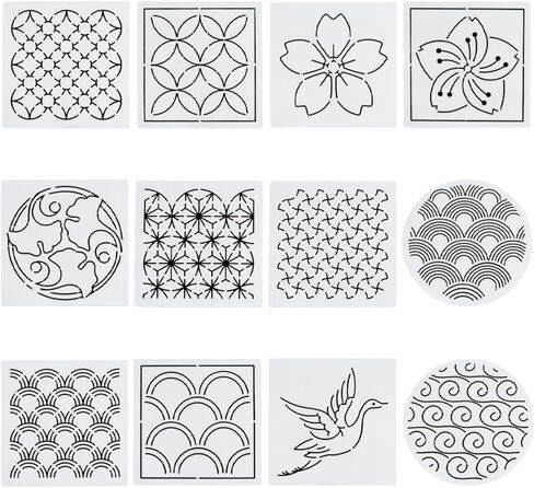 FREEBLOSS 12Pcs 5.5/5.9inch PET Sashiko Stencils Flowers Line Template for Hand Quilting Sashiko Patterns Templates Embroidery Stencils for Hand Sewing Lovers in Kuwait