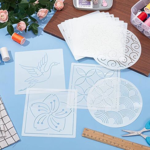 FREEBLOSS 12Pcs 5.5/5.9inch PET Sashiko Stencils Flowers Line Template for Hand Quilting Sashiko Patterns Templates Embroidery Stencils for Hand Sewing Lovers in Kuwait