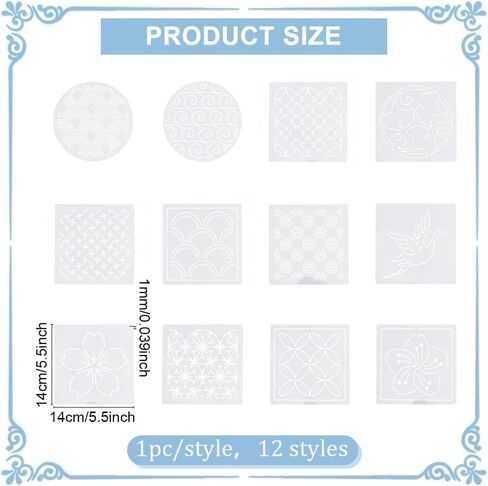 FREEBLOSS 12Pcs 5.5/5.9inch PET Sashiko Stencils Flowers Line Template for Hand Quilting Sashiko Patterns Templates Embroidery Stencils for Hand Sewing Lovers in Kuwait