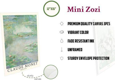 Mini Zozi Sage Green Canvas Framed Wall Art مجموعة من 3 Matisse Van Gogh Monet Flower Prints 12x16 Decor in Kuwait