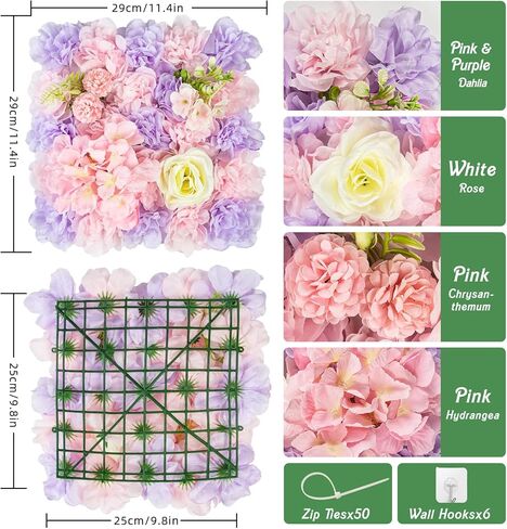 COKAOBE Pink Flower Wall Backdrop, 12PCS 3D Silk Rose Floral Wall, 15 x 15 Inch Artificial Flower Panels for Wedding, Party, Bridal Shower, Baby Shower, Home and Photo Backdrop Decoration in Saudi Arabia