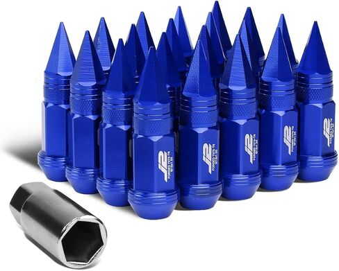Auto Dynasty J2 Engineering 7075-T6 Compatible withged Aluminum M12X1.5 20Pcs 80mm Tall Spiky Cap Lug Nut Set w/Adapter (Blue) in Saudi Arabia