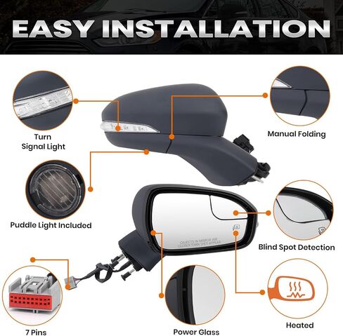Driver Side Mirror Compatible with Ford Fusion 2013-2016 Sedan S SE SE Hybrid, Heated, with Turn Signal, Puddle Light, Blind Spot, Manual Folding, Power Mirrors Replace ‎DS7Z17683BA (Left White) in Kuwait